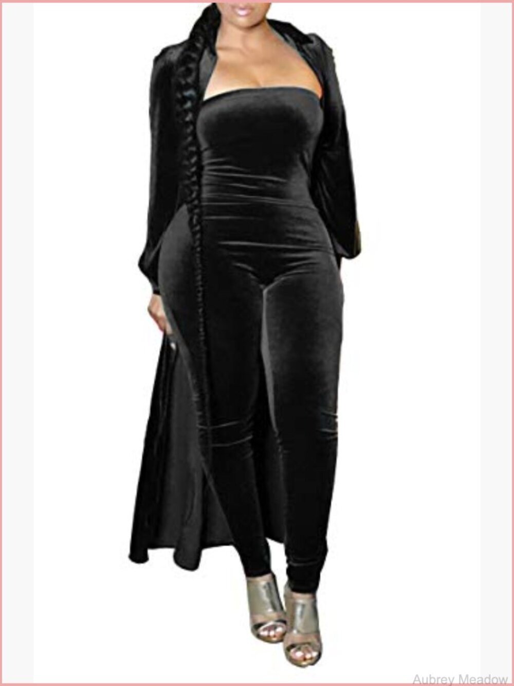 Sexy Velvet Long Sleeve Cardigan Tube Top Bodycon Party Jumpsuit Set - Picture 2 of 2
